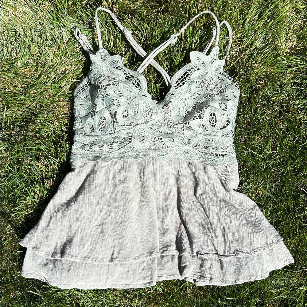 Listicle Lace Detail Tank Top in Sage and Taupe
